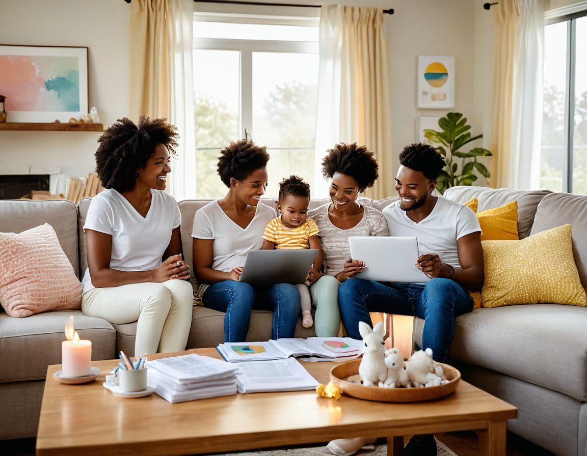 A warm and inviting scene of a diverse family sitting together in a cozy living room, surrounded by baby items like toys and a crib, smiling as they look at a laptop screen displaying charts and tips on baby insurance. A soft sunlight filters through the window, illuminating documents labeled 'Affordable Baby Insurance' scattered on the coffee table. Emphasize a sense of security and love in the atmosphere. pastel colors. super-realistic.