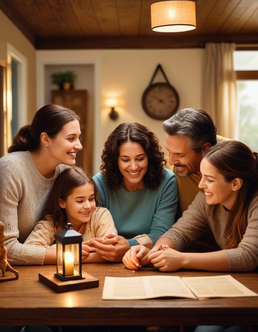 A warm, inviting family scene featuring a diverse family gathered around a table, discussing various insurance policies and documents. The background includes symbolic elements like a house, car, and healthcare symbols, representing the essentials of family coverage. Soft, natural lighting enhances the cozy atmosphere, with expressions of hope and care. The image conveys a sense of safety and security for a growing family. super-realistic. vibrant colors. warm tones.