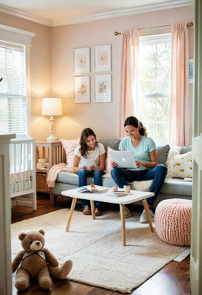A cozy family scene featuring new parents joyfully interacting with their baby in a warmly decorated nursery, surrounded by insurance documents and helpful brochures. Include a laptop displaying budgeting tips for new parents, a gentle light illuminating the room, and a soft, nurturing atmosphere. Illustrate a sense of safety and care emphasizing the theme of protection. cozy illustration. soft pastel colors. warm lighting.